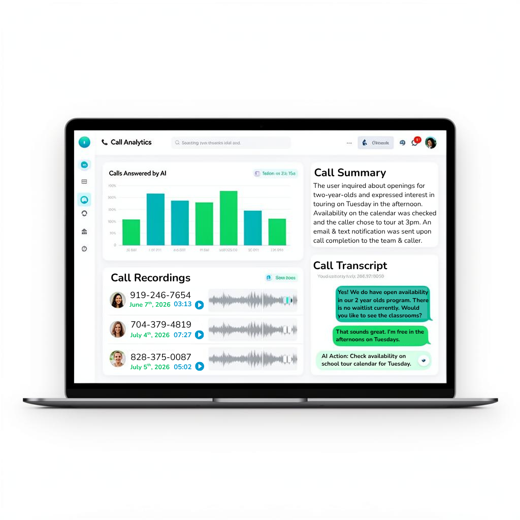 Phone call answering service dashboard for child schools showing call analytics, call recordings, call summaries, and AI conversation transcripts