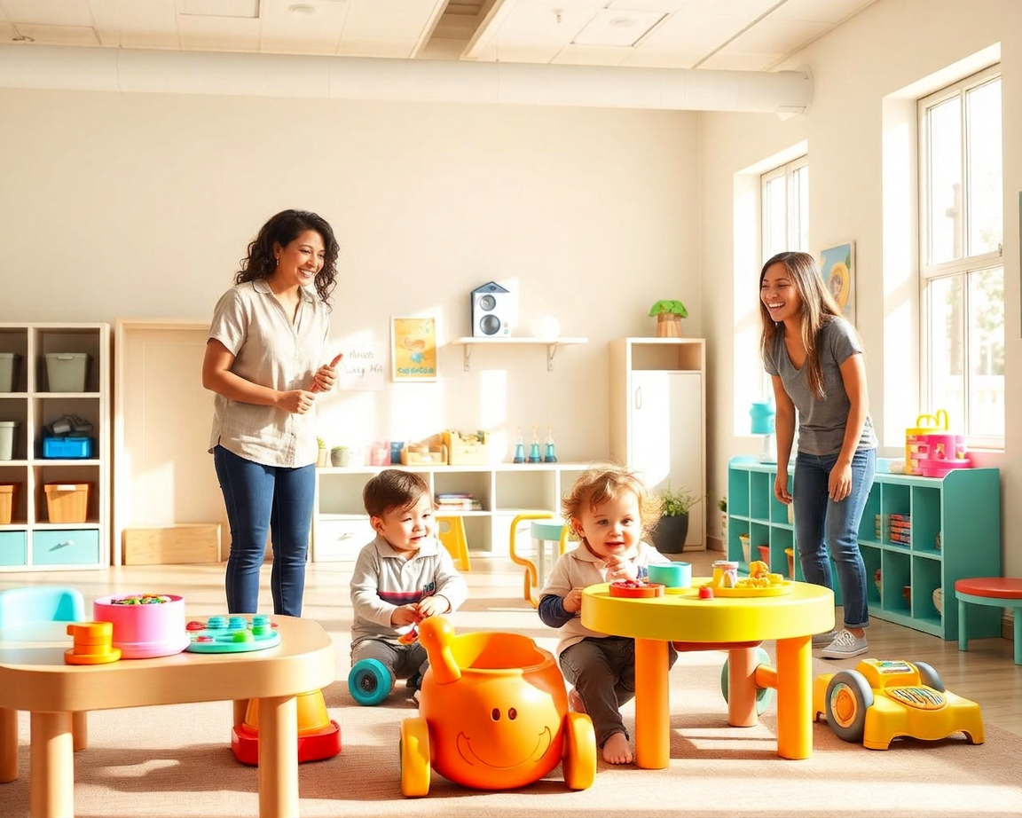 Daycare classroom with teachers and toddlers